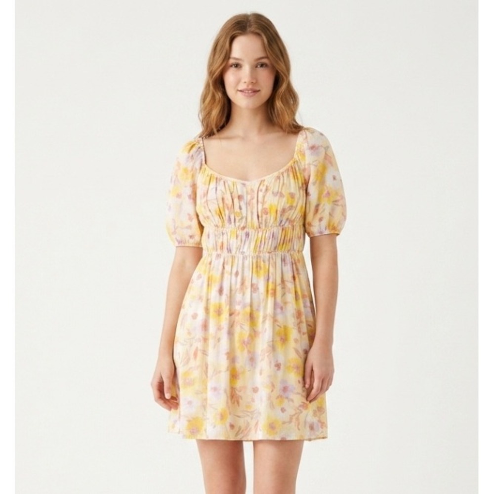 GAP Floral Mini Dress Women Medium Yellow Purple Puff Sleeve Smocked Back Summer